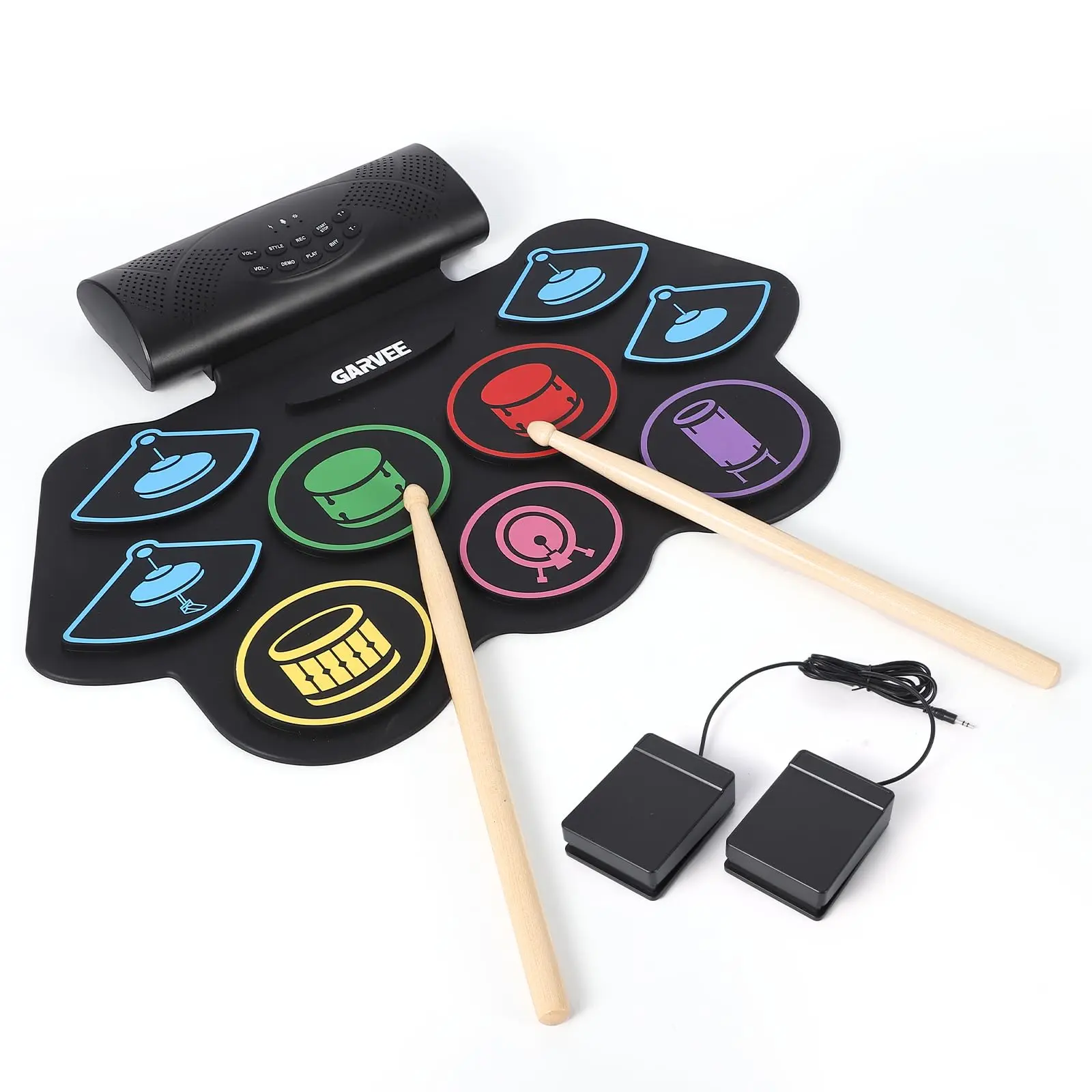 Gaomon 9-Pad Compact Roll-Up Electronic Drum Set Percussion Instrument, Portable Bluetooth Kit with 2 3W Speakers, 2 Dual Pedals, Headphones, Sticks for Silent Practice, Ideal for Birthdays (Colorful)