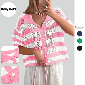 Imily Bela Womens Crochet Sweater Tops Batwing Short Sleeve Oversized Boat Neck Boho Knit Summer Beach Cover Ups