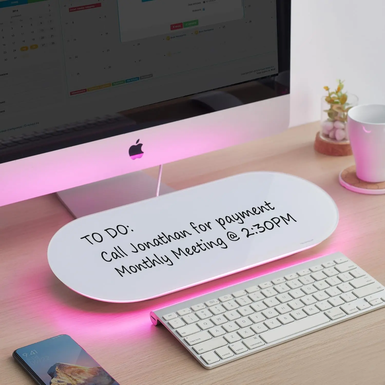 Glass Desktop Whiteboard - 17x7 Inches Miniboard with Pink Light, Writing Surface Notepad, 1 Drawer, Office Accessories & Fun Desk Supplies for Homeschool & Office Use