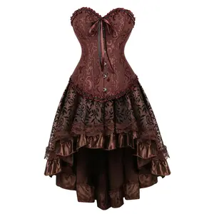 Steampunk Corset Skirt Set Women Victorian Renaissance Lace Trim Corset Flowy Skirt 2-Piece Outfit Perfect for Halloween Costume LARP Events 819/7056