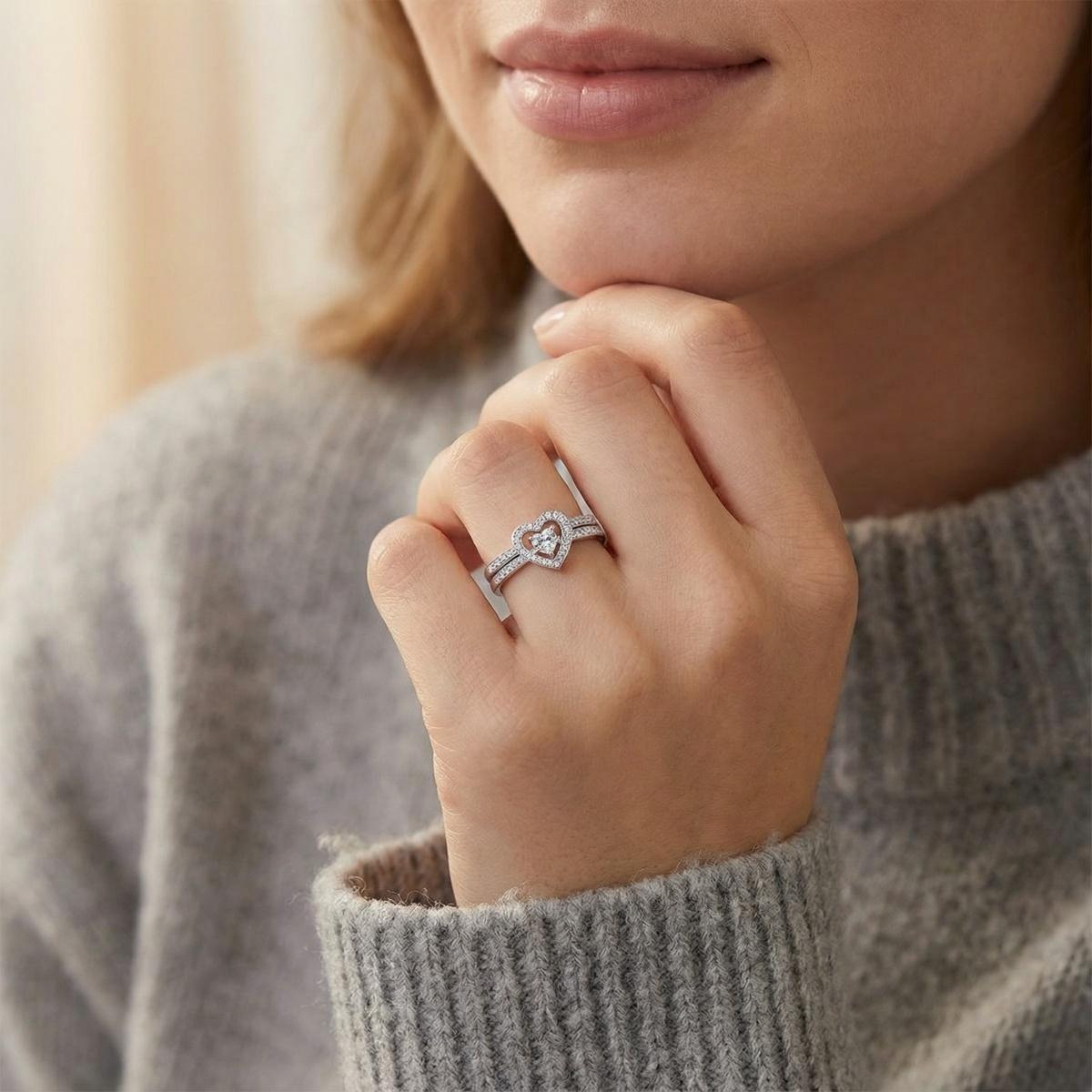 Delzzad Halo Heart Cut Ring Set Heart Pair Stacking Ring Band D Color VVS Synthetic Moissanite Ring Jewelry Copper Band Wedding Band Engagement Ring Set Promise Ring Women's Ring for Engagement, Wedding Anniversary & Valentine's Day Gifts