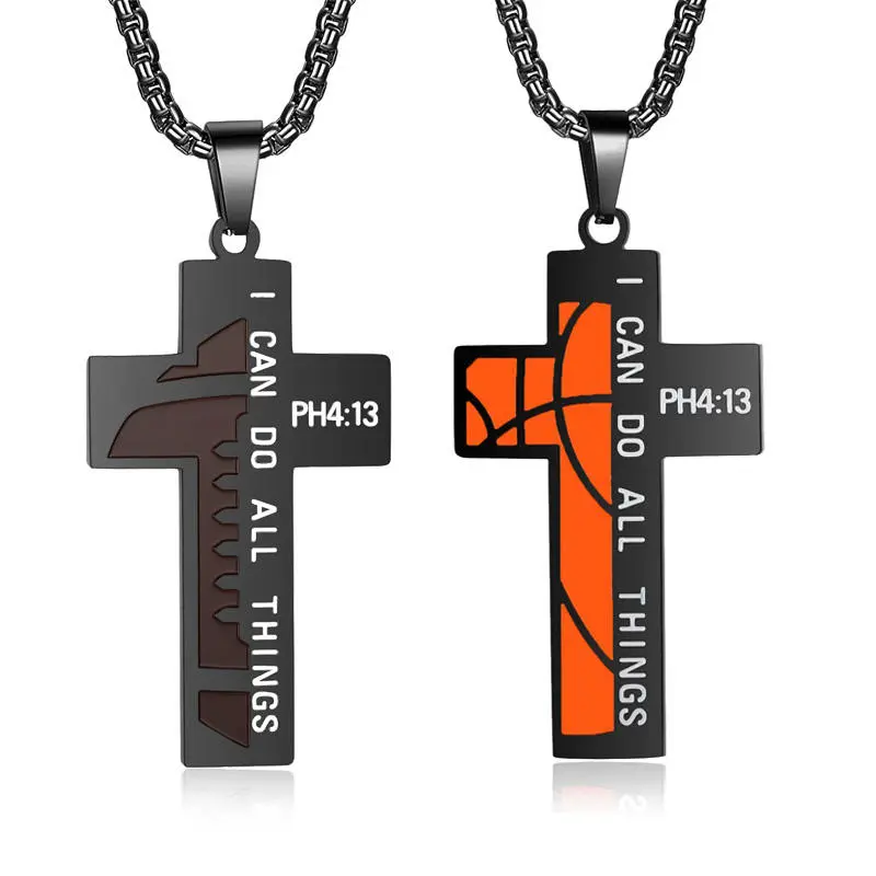 Sporty Football Cross Necklace for Boys, Stainless Steel Pendant with Bible Verse & Adjustable Chain, Religious First Communion Gift, Inspiring, Valentine's Day, Male, Football/Basketball, Baptism