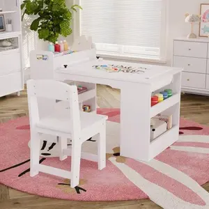 Kids Art Table with 2 Chairs, Toddler Craft Play Wood Activity Desk with Large Storage Shelves for Writing Drawing, Nursery, Children's Wooden Furniture for Classroom Daycares, Home
