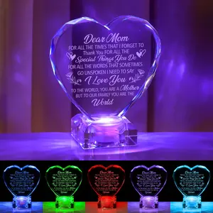 Mothers Day Gifts for Moms -You are the World, Love Crystal Gift for Mom Christmas Day Birthday, Engraved Crystal Heart with Rechargeable Color-Changing LED Base, Perfect Mother Christmas Gift