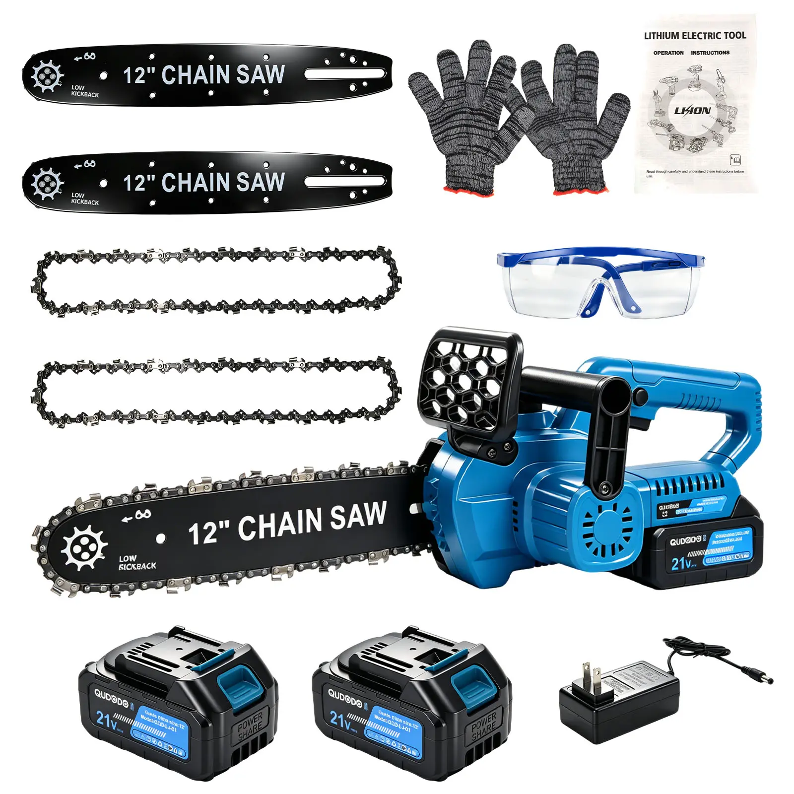 Qudodo 12 Inch Cordless Chain Saw, Auto-Oiler And Security Lock,21V Brushless Chainsaw Electric with 2 x 4.0Ah Batterry & 2 Chains,  Motosierra Eléctrica for Tree Trimming Wood Cutting Farm Camping
