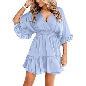 Wenrine Women‘s V Neck Casual Dresses Summer Loose High Waist Ruffle Pleated Cute Mini Short Dress