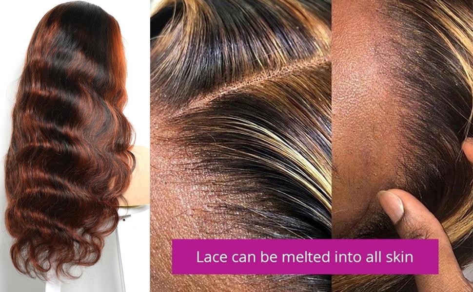 Lemoda Hair Highlight 1B/350 Transparent HD 13x4 Lace Front Wig Human Hair Reddish Brown Ombre Brazilian Virgin Body Wave 180% Density Lace Front Glueless Wig Pre Plucked with Baby Hair for Women