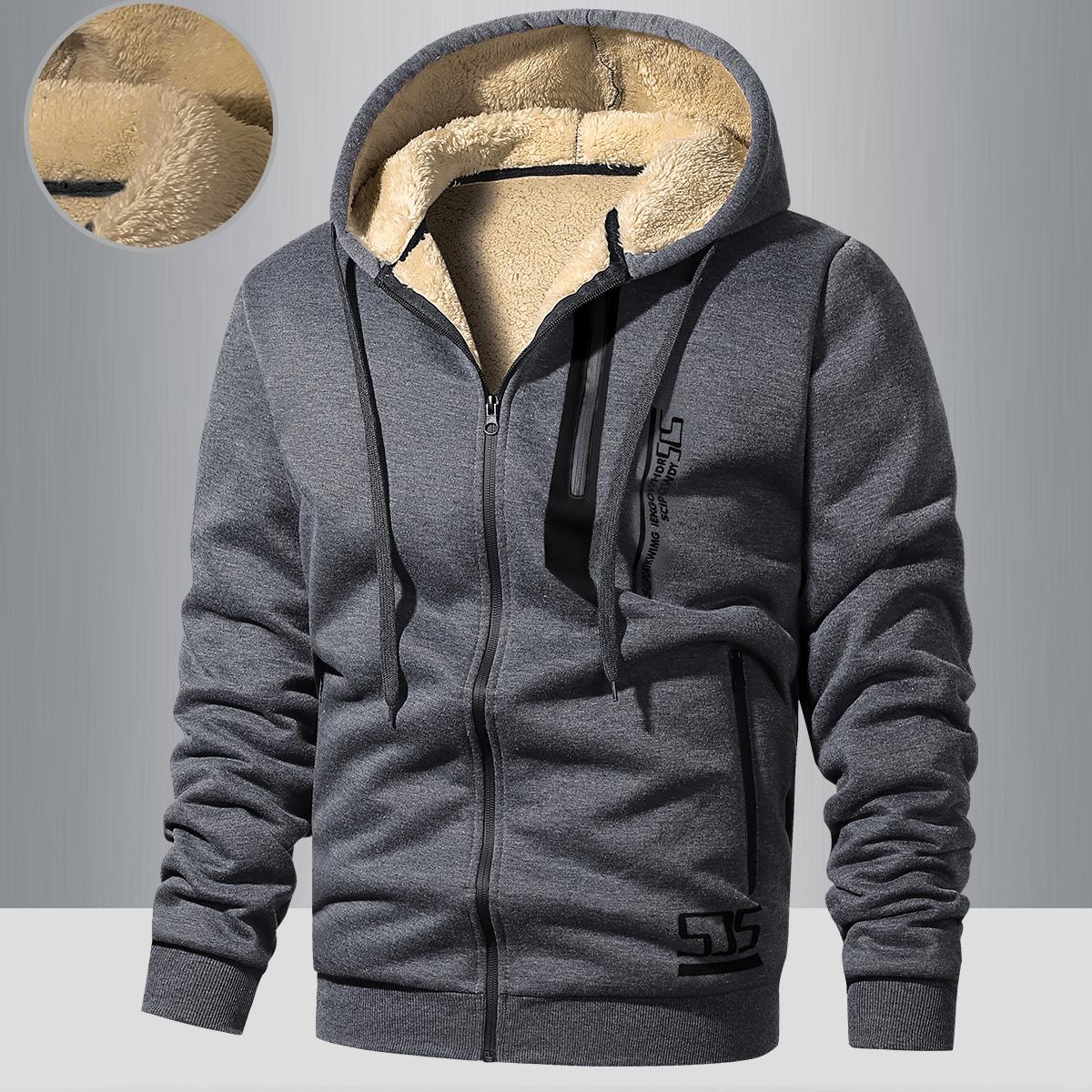 Men's Winter Fleece Lined Warm Hooded Jacket - Super Thick Windproof Zip Up Sports Sweatshirt with Pockets, Gray, Long Sleeve, Polyester, Casual Wear for Extreme Cold Weather, Autumn and Winter SpringStatements