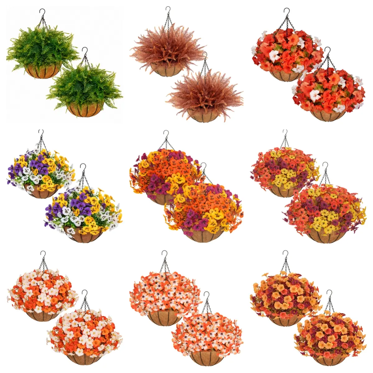 2Pcs UV-Resistant Artificial Hanging Flower Baskets - Daisy, Pansy, Morning Glory & Fern Arrangement, No-Maintenance Fall Decor for Porch Patio Balcony, Home Decor Accessory