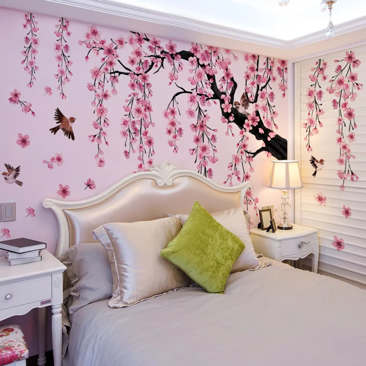 Peach Blossom Tree & Bird Pattern Wall Sticker, 4 Sheets/set Self-Adhesive Wall Decals, Flower Decals For Walls, Floral Pattern Sticker, Decorative Stickers, Decoration Items for Home Living Room and Bedroom, Vinyl Floral Wall Art, Bedroom Decorations