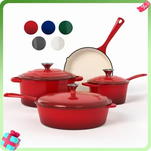 [New Color] PHIVILLA Enamel Cast Iron 7 Piece Cookware Set, Dutch Oven Pot with Lid, Red Non Stick Pots and Pans set, Oven Safe up to 500°F, Special Gift for Beloved