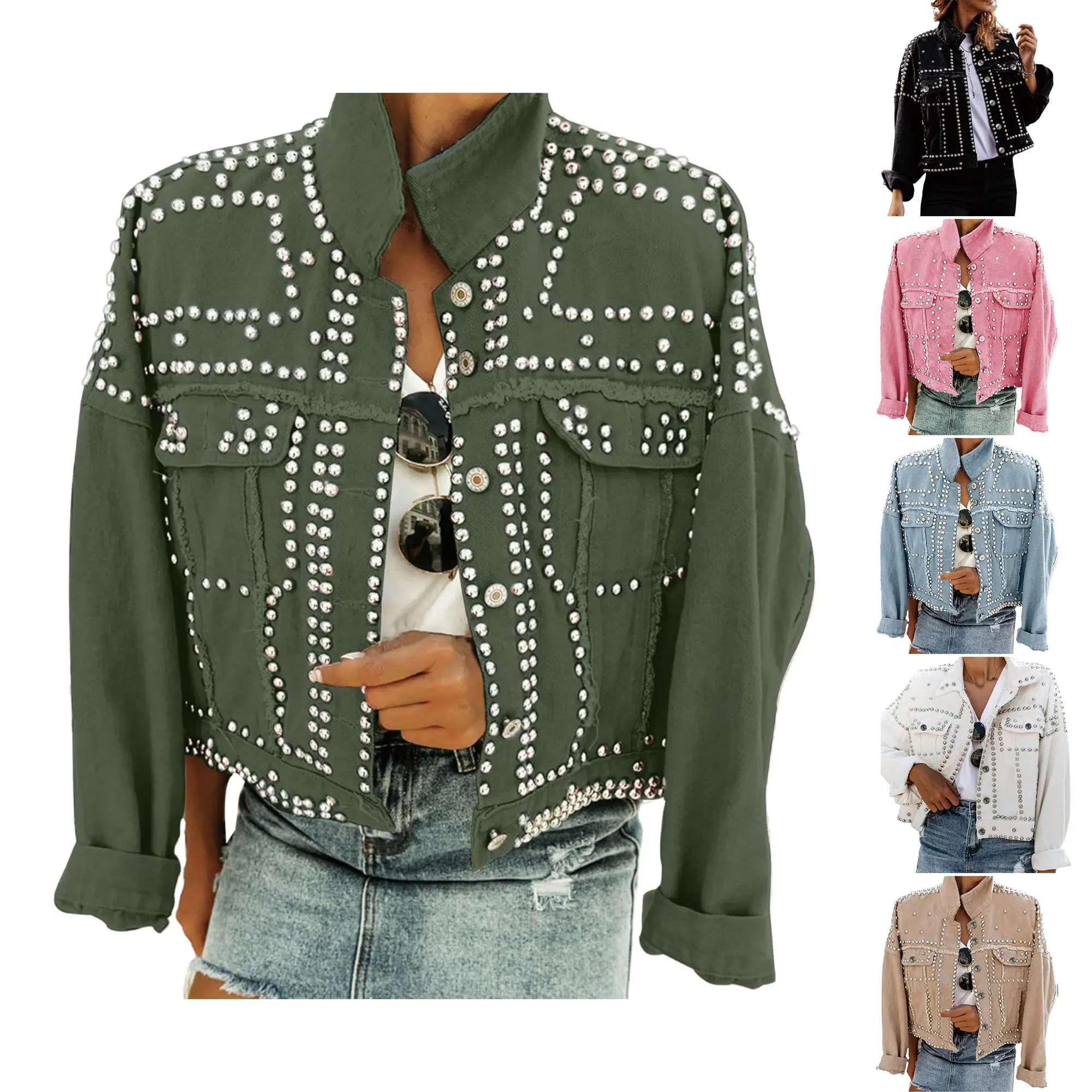 Tanming Women's Western Rhinestone Pearl Studded Denim Jacket, Casual Distressed Long Sleeve Button Front Outerwear with Pockets, Longsleeves, Lightweight Denim Jacket, Collared, Lady, Pearls, Button Up, Long Sleeves
