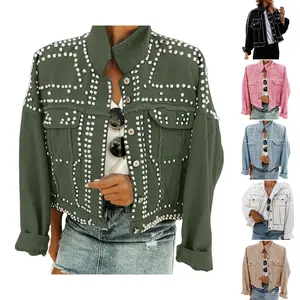 Tanming Women's Long Sleeve Rivet Studded Denim Jacket Classic Distressed Button Down Jean Jacket with Pockets