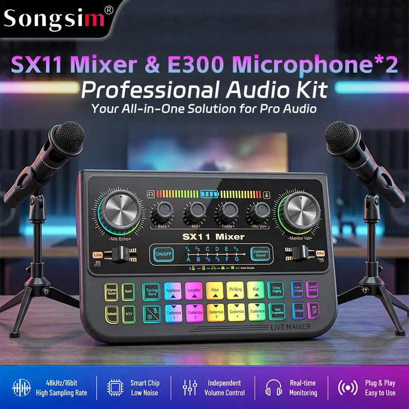 Songsim SX11-E300 Live Streaming Sound Card Kit & Podcast Equipment Bundle - 2x 3.5mm Microphones, 48kHz Sample Audio Mixer with Voice Changer & Noise Reduction, Cross-Platform Audio Mixing for Gamer Stuff, Phones & PCs, Computers