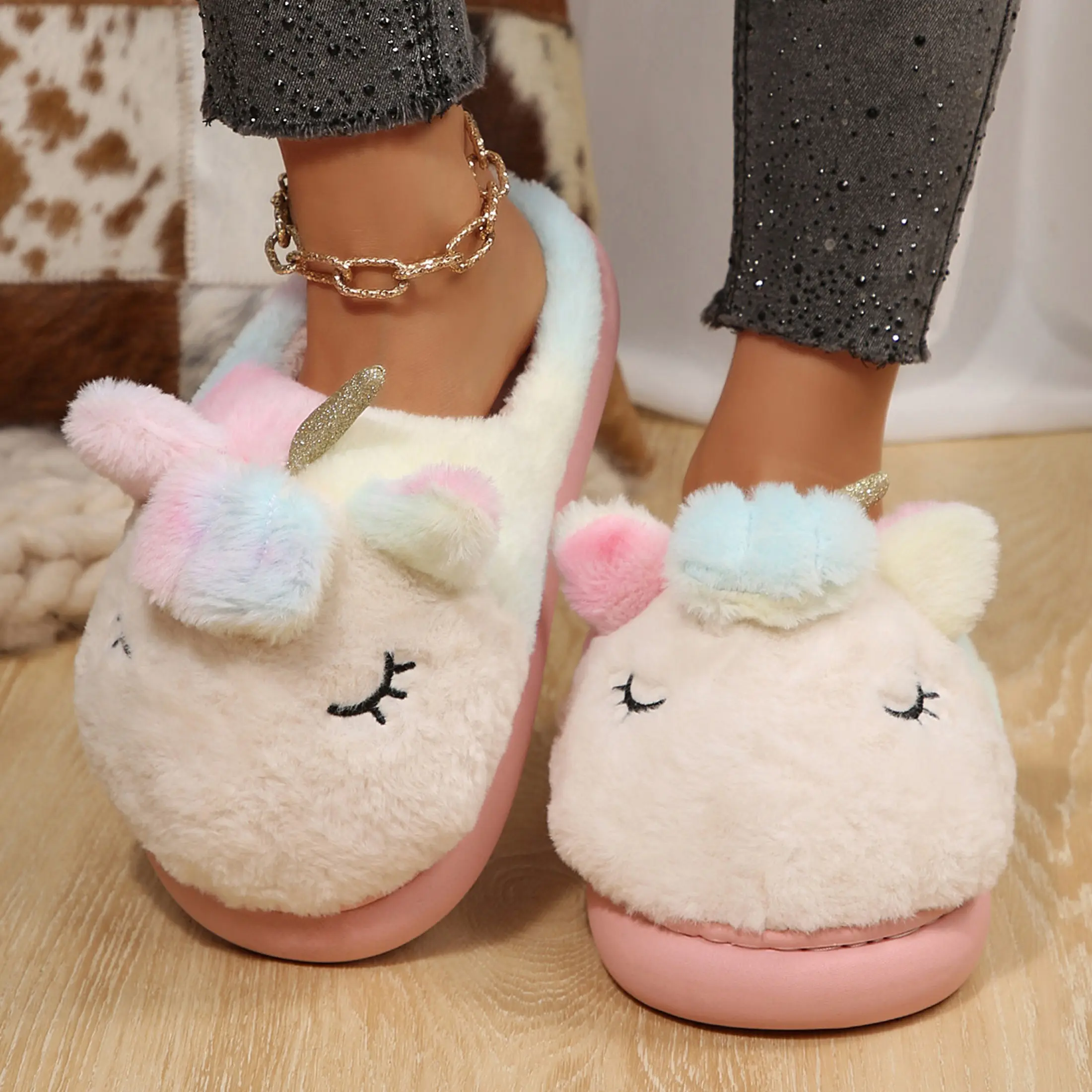 Cute Women Unicorn Animal Slippers Fluffy Warm Plush House Shoes Novelty Soft Slippers Cartoon Gifts for Birthday Christmas
