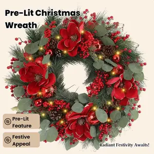 Pre-lit Christmas Wreath 24in Artificial Pine Wreath with Red Berries Poinsettia for Holiday Decor