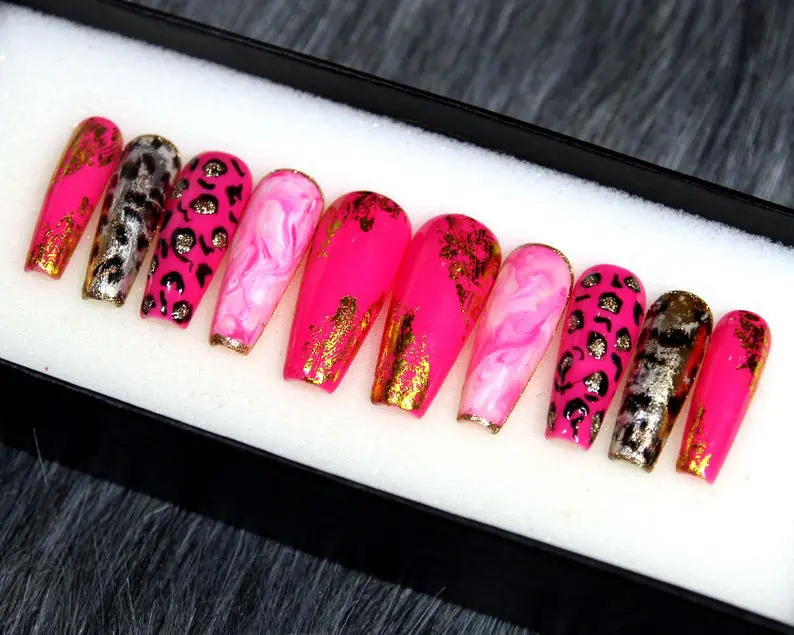 Hot Pink Leopard Press On Nails | Cheetah Print Nail Art | Y2K Barbiecore Nails | Handmade Fake Nails | Glam Statement Nail Set