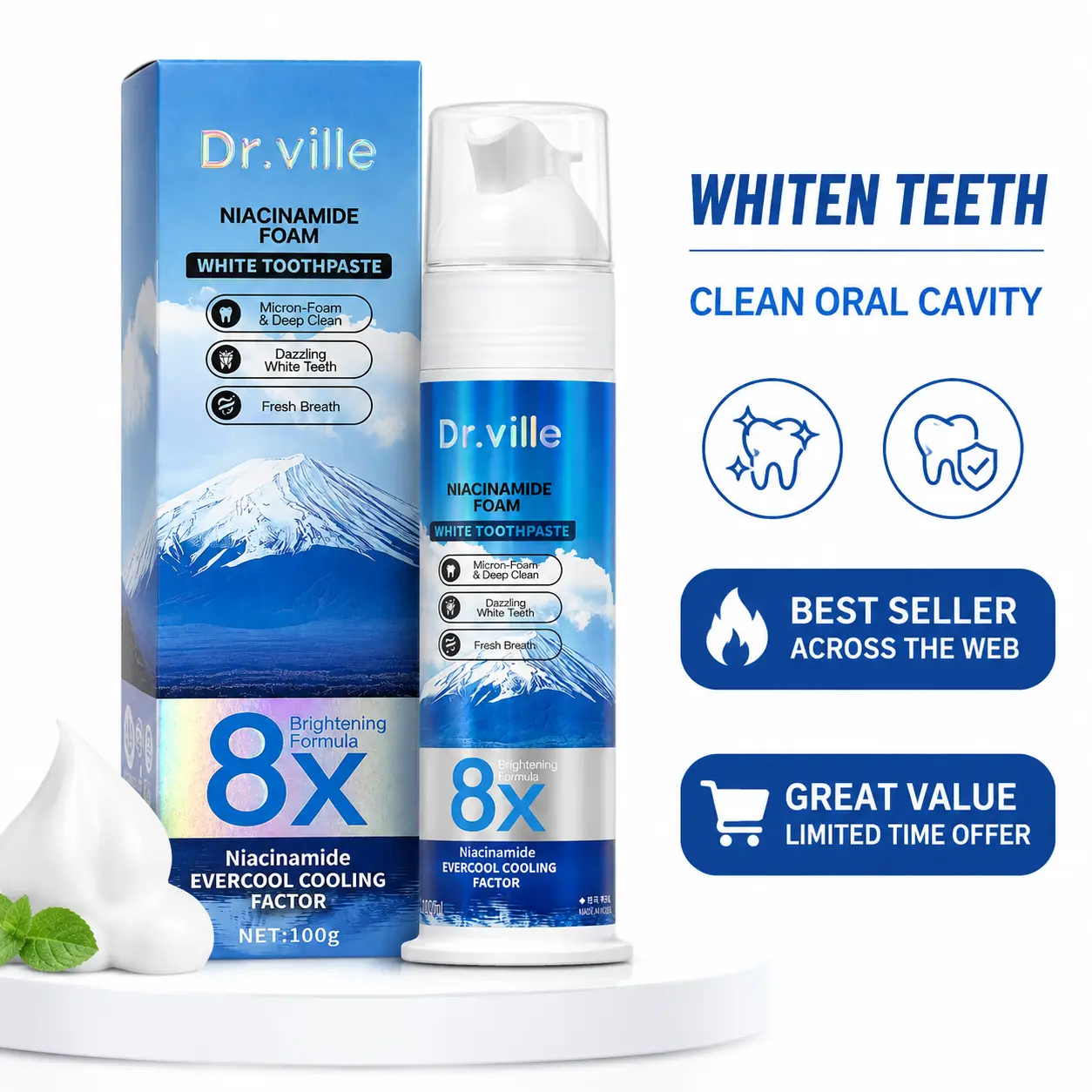 Dr.ville Niacinamide Whitening Toothpaste, Oral Cleansing Foam Toothpaste for Teeth Whitening, Fresh Breath, Plaque & Stain Removal Deep Clean Care 100g-B
