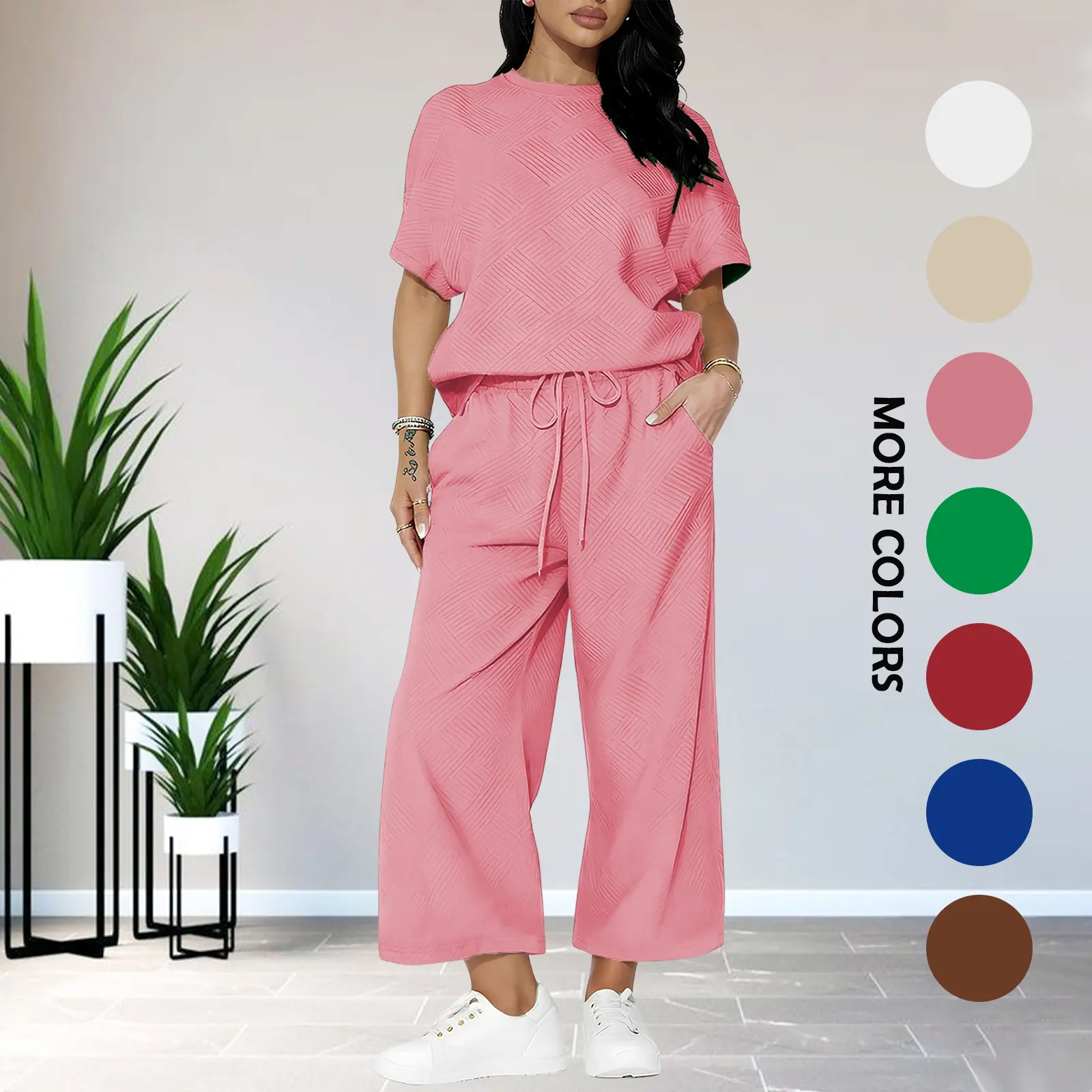 Women's Cute Knitting Textured Crop 2-Piece Outfit - Casual Round Neck Short-Sleeve Fitted Top & All-Day Pants Set, Breathable Stretch Korean Co-ord for Daily Wear, Travel, Minimalist Womenswear Crewneck Clothes, Two Piece Set Style Suits