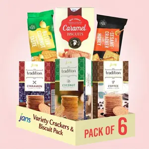 Jans Savory Crackers and Biscuits Variety Snack 6-Pack - Festive Assorted Selection with Coconut Cinnamon Coffee Sesame Cracker Butter Coconut & Speculoos - Perfect for Holidays Gifting & Sharing Cookie