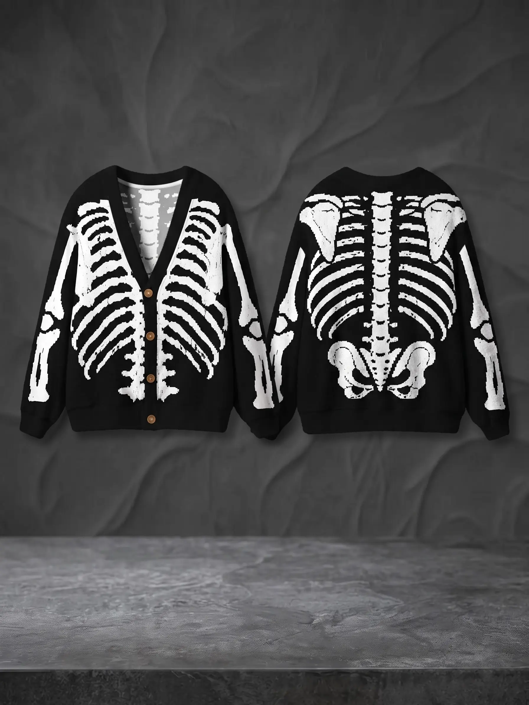 Skeleton Cardigan, Rib Cage Bone Graphic Button Up Sweater, Black White Gothic Halloween Costume Alternative Streetwear