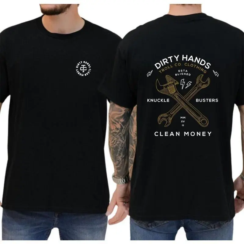 Dirty Hands Tool Co. T-Shirt with Bold Wrench Graphic and "Knuckle Busters Clean Money" Slogan, Unisex Cotton Crewneck Tee, Casual Streetwear Top for Hard Workers, Trendy Urban Fashion Graphic Shirt, Cool Printed Tee for Men and Women