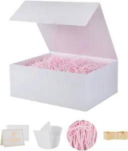 White Gift Box 9.5x6x3 inch Small Luxury Collapsible with Magnetic Lid Contains Card Ribbon Tissue Paper Shredded Paper Filling for Birthday Christmas