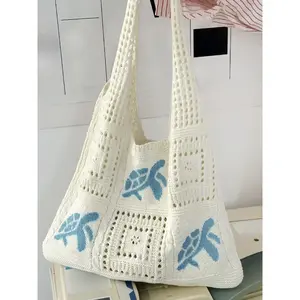 Fashionable Floral Pattern Crochet Knit Tote Bag, Casual Shoulder Bag for Women, Trendy All-match Bag for Daily Use
