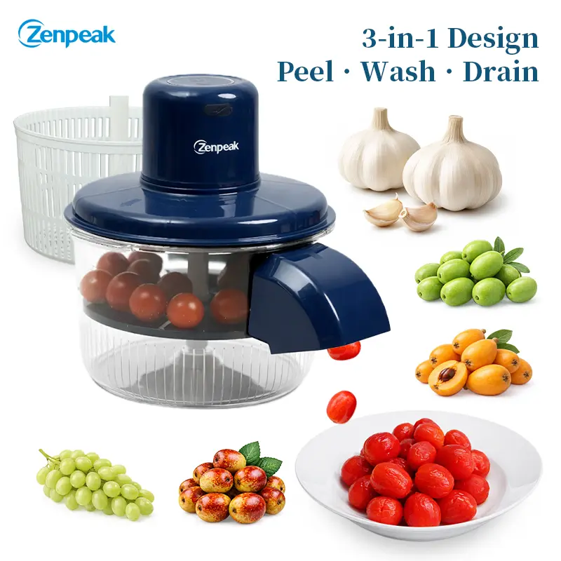 Zenpeak 3-in-1 Peel,Wash & Drain Electric Fruit & Veg Peeler with Washing Draining Basket,One-Touch USB Rechargeable Automatic Skin Remover for Grapes,Garlic,Cherries&Cherry Tomatoes,Easy to Clean,for Jam-Making Prep,Home&Commercial Use,Summervibes summer
