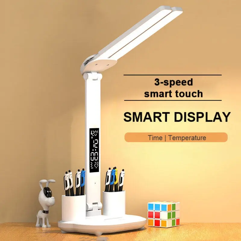 Cordless Rechargeable Smart Touch LED Table Lamp with Clock - 2 Dimmable Heads, 180° Rotatable Foldable Plastic Design, 3-in-1 Color Modes, 3-Speed Dimming, 3200mAh Battery, Time & Temperature Display, Eye Protection, USB Plug, Studio Setup (Clock Lamp)
