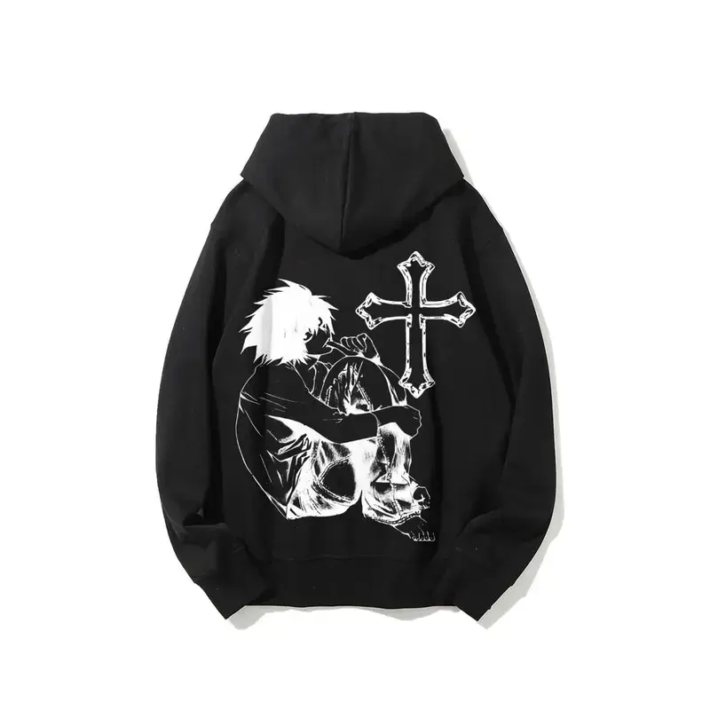 Men's Casual Gothic Anime Character Graphic Hoodie - Comfortable Everyday Longsleeves Pullover Top, Unisex 1-Piece Streetwear Apparel