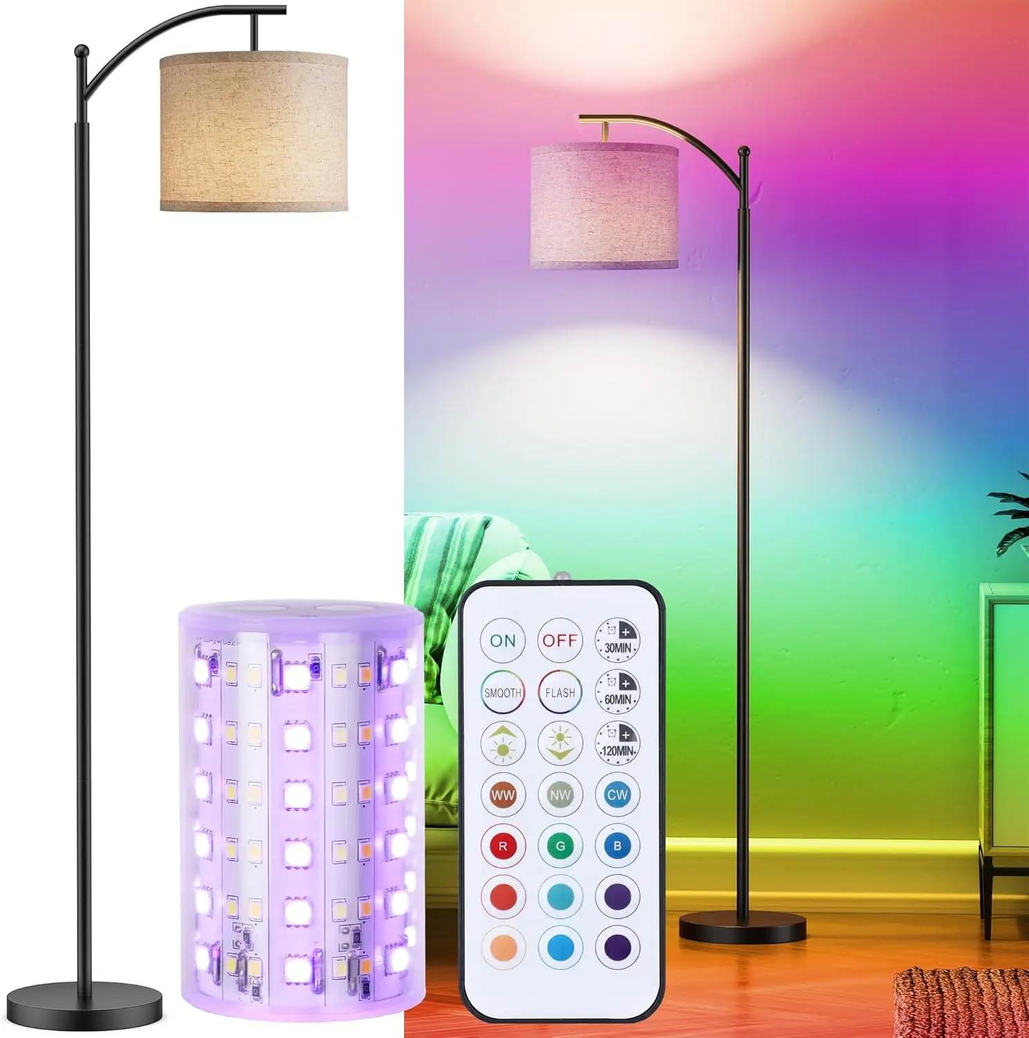 Battery Operated Floor Lamp, RGB Dimmable Cordless Standing Lamp with Remote Control for Living Room, Tall Floor Lamp for Bedroom -Black