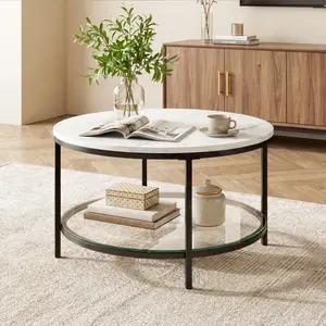 Marble Round Coffee Table with Glass for Living Room, 2-Tier Circle Coffee Table with Storage Clear Coffee Table