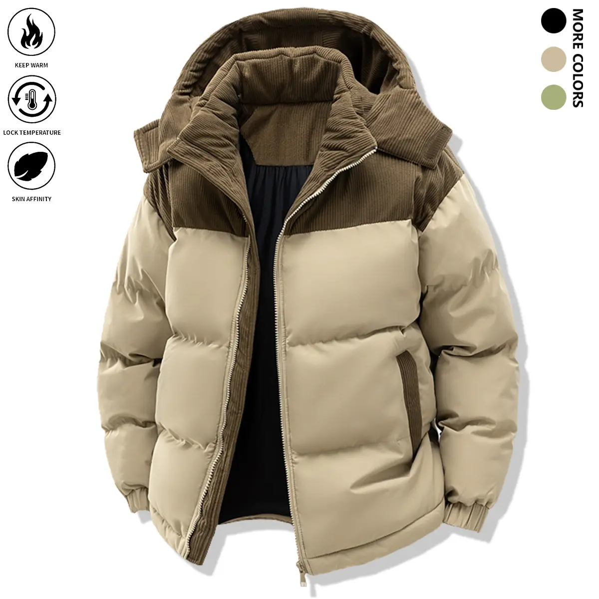 Men's Minimalist Casual Cozy Hooded Down Jacket - Polyester Filled, Velvet Cotton Fabric, Winter Color Block, Long-Sleeve, Detachable Cap, Warm Overcoat, Pockets, Pull-On Style, Adult Athletic Top for Party, Easter, Cozy Hooded Fit