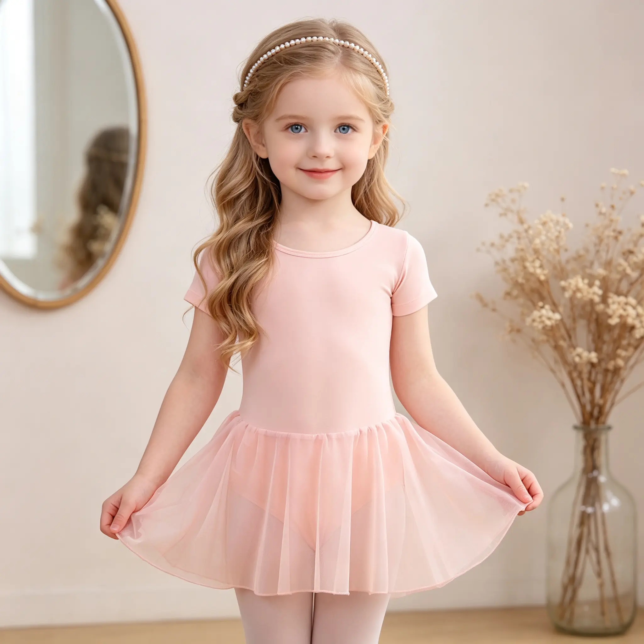 Girls Short‑Sleeve Ballet Tutu Leotard, Round Neck Soft Mesh Tulle Skirt Kids Dance Dress for Ballet Class Training Performance Daily Dress‑Up