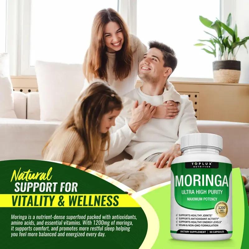 Moringa Capsules 1200mg - Pure Moringa Powder for Immune & Gut Health 90 Capsules Ultra High Purity Maximum Potency