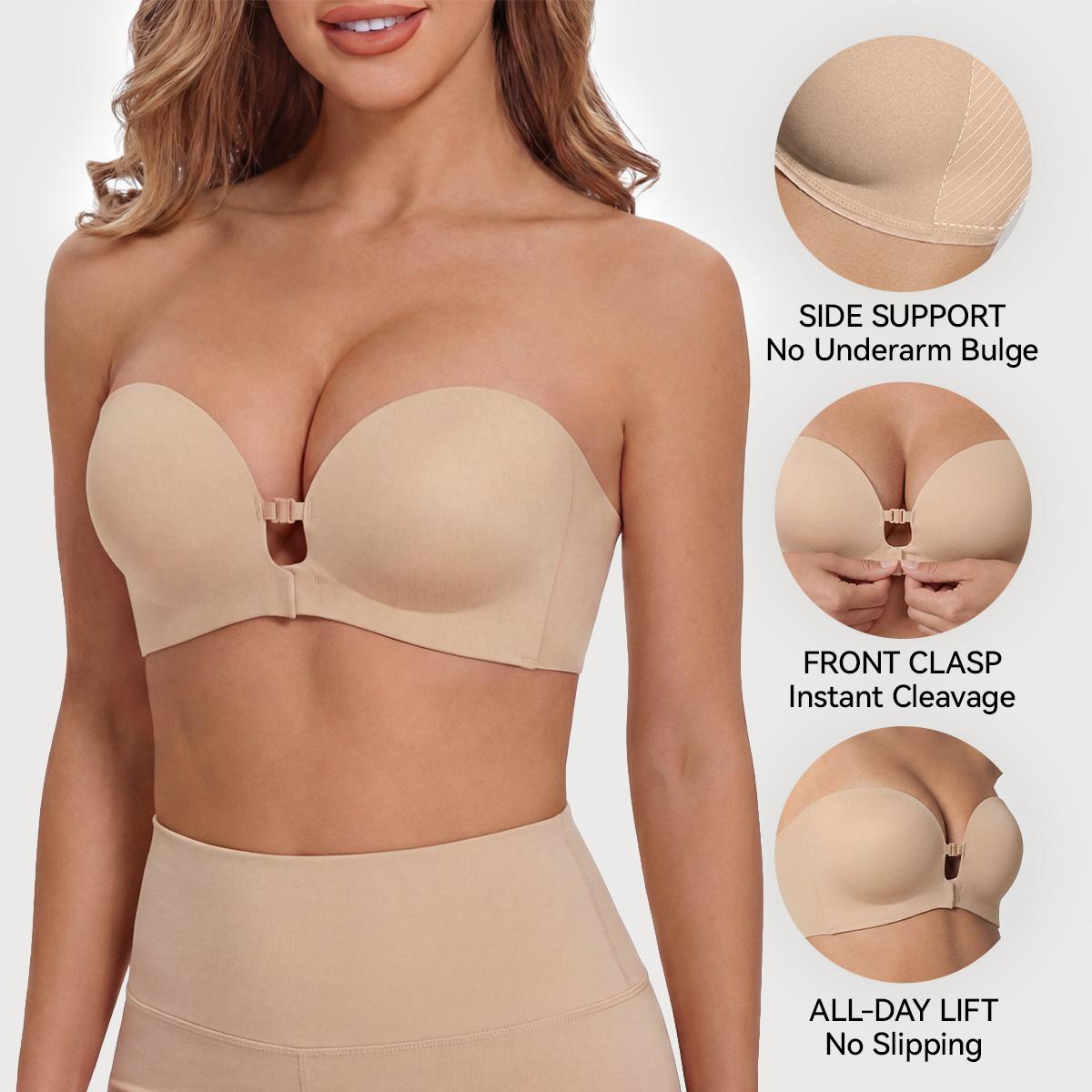 Woman wearing a nude front-buckle strapless bra with side support and smooth lift