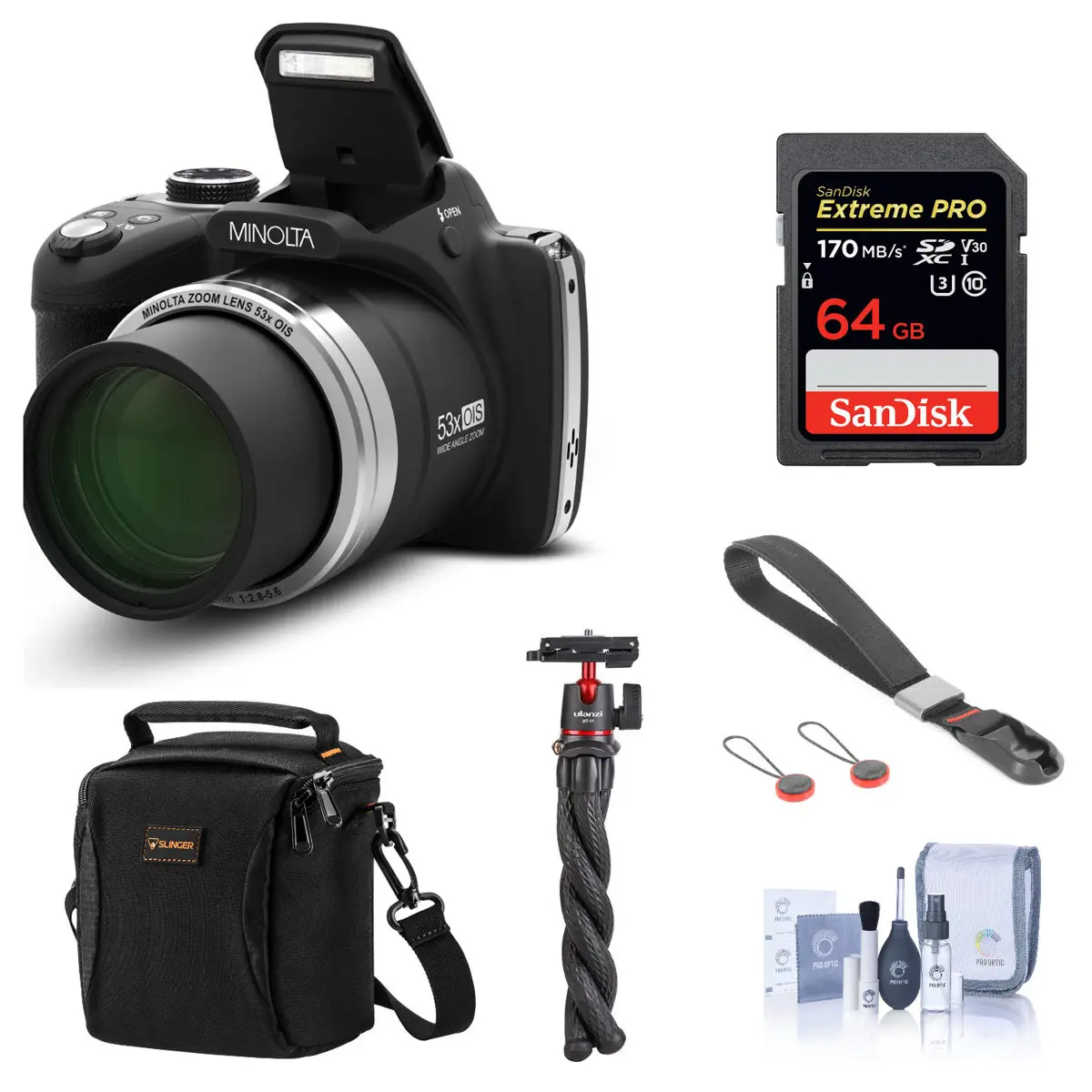 Minolta MN53Z 16MP FHD Digital Camera with 53x Optical Zoom, Wi-Fi, Black Bundle with Shoulder Bag, 64GB SD Card, Wrist Strap, Octopus Tripod, Cleaning Kit
