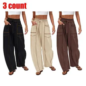3pcsWomen'sBarrelSweatpantsHighWaistedWideLegPantsDrawstringAthleticBaggyPantsLoungeSweatsColorblockSoftFabricComfortableFitTruetoSizeVogueDesignBasicMinimalistBottomwithPocketsGift