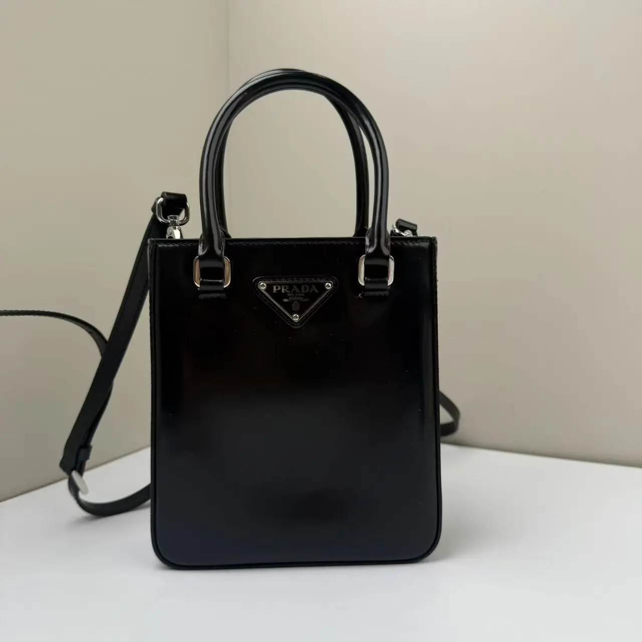 Pre-owned PRADA Calfskin Crossbody Bags Triangle Small Double Handle Black CPU0614