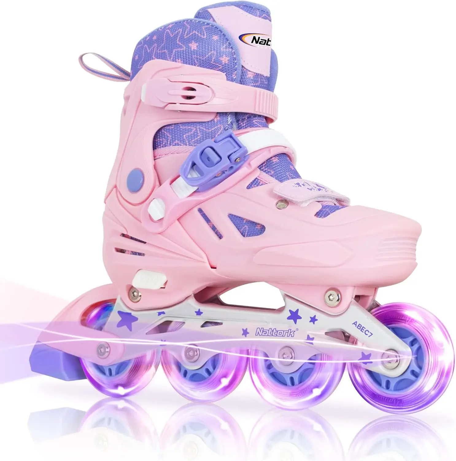 4-Size Adjustable Inline Skates for Beginners - Birthday Gift for Kids, Teens (Ages 4-6, 7-12), 8 Polyurethane Self-Powered Light-Up Wheels, Indoor & Outdoor Use, Purple/Teal/Hot Pink