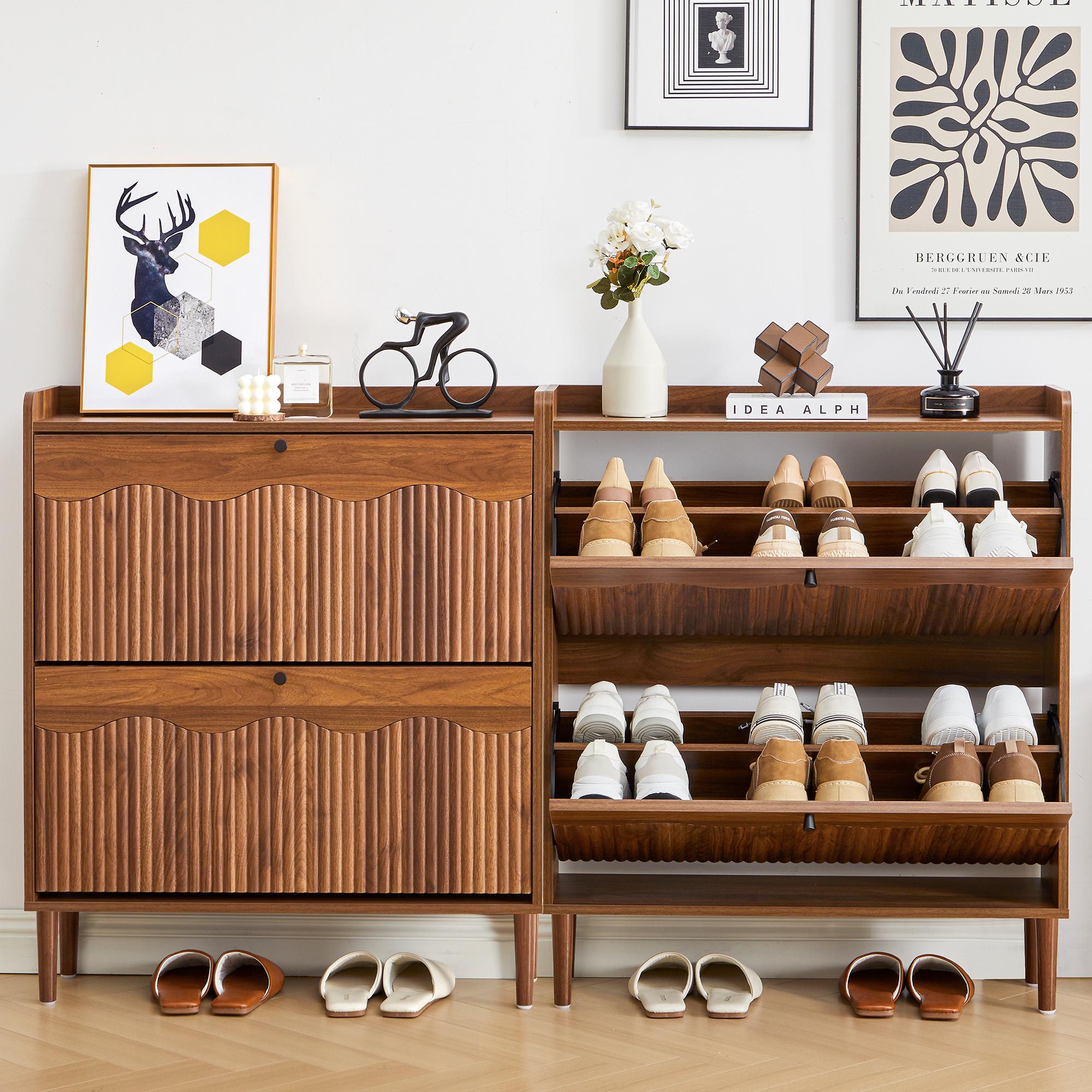 Giratree Wooden Fluted Shoe Cabinet with 2/3/4 Flip Drawers, Stylish Narrow Shoe Storage Organizer with Wave Design, Freestanding Entryway Shoe Rack for Hallway, Living Room Giratree Wooden Fluted Shoe Cabinet with 2/3/4 Flip Drawers, Stylish Narrow Shoe Storage Organizer with Wave Design, Freestanding Entryway Shoe Rack for Hallway, Living Room