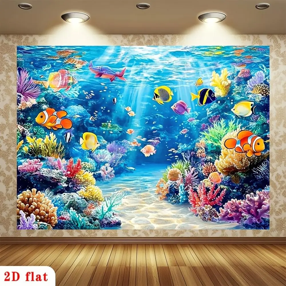 1PC,2D Flat Backdrop Ocean - themed Decorative Backdrop, Underwater World with Colorful Fish and Coral Reefs Scene, Festival Party Birthday Gathering Photography Backdrop Wall Decoration Hanging Cloth, Create Dreamy Underwater Atm