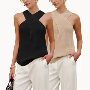 Tanming Women's Halter Cross Neck Knit Top - Shoulder Flattering Criss Cross Ribbed Tank Top Elegant Slim Fit Sleeveless Date Night Shirt