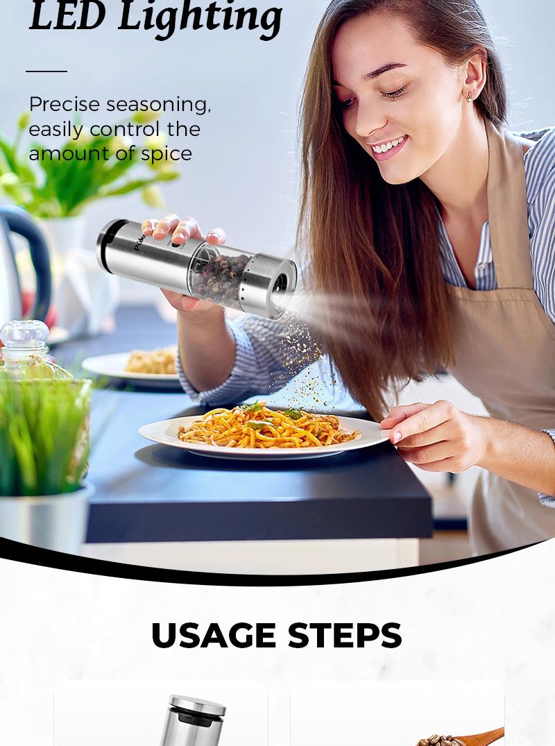Pukomc Electric Salt & Pepper Grinder Set - 6 Adjustable Coarseness, Rechargeable Base, LED Light, One-Hand Operation, Detachable for Easy Cleaning, Includes 12 Grinders & Accessories Reusable Cooking Kitchen Seasoning Utensils