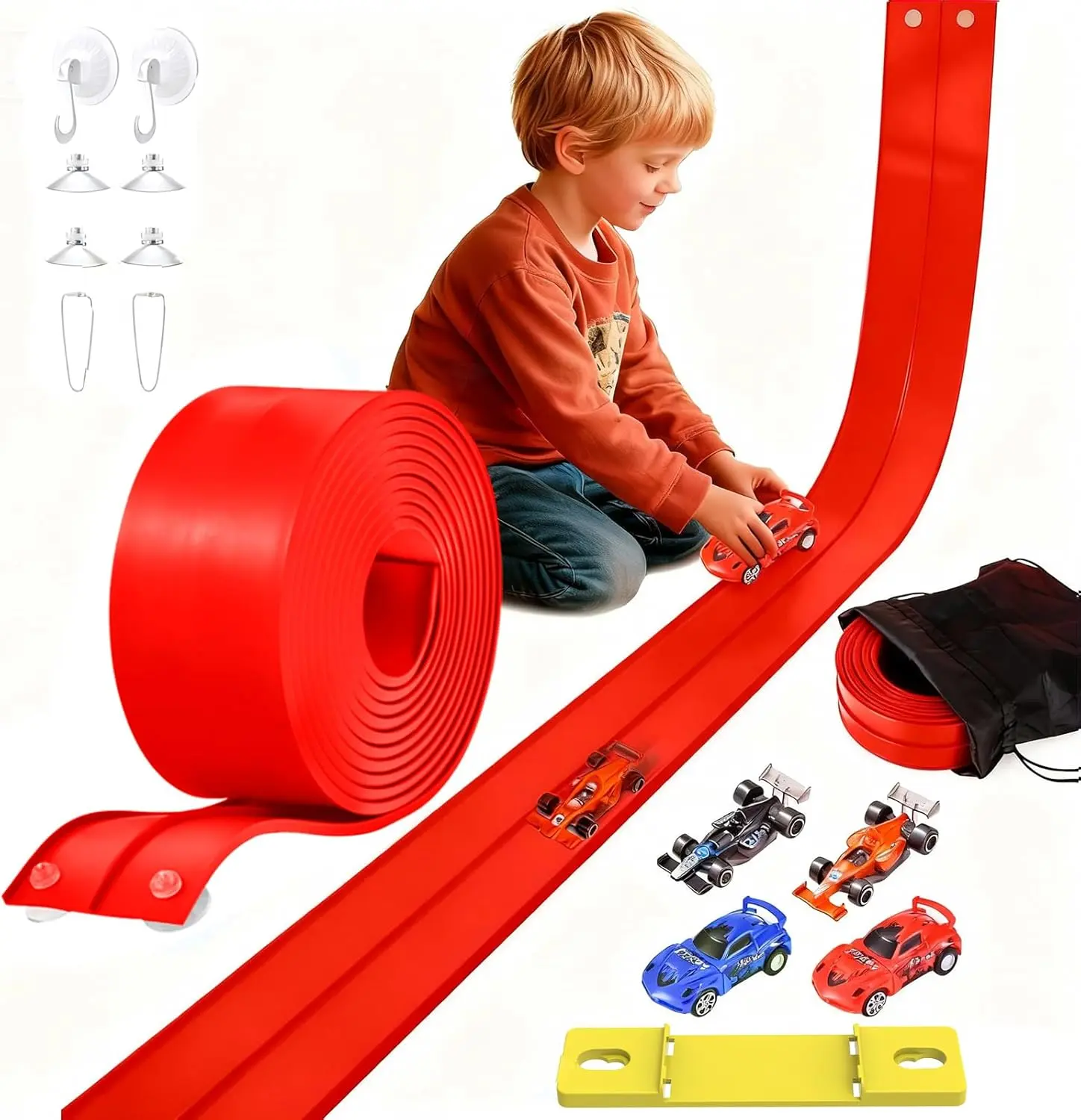 20FT Flexible Race Car Track for Kids Ages 3–8, Red | Bendable Portable Racetrack with Suction Cups & Hooks | Compatible with Hot Wheels & 1:50 Diecast Cars | New Year, Birthday & Christmas Gift