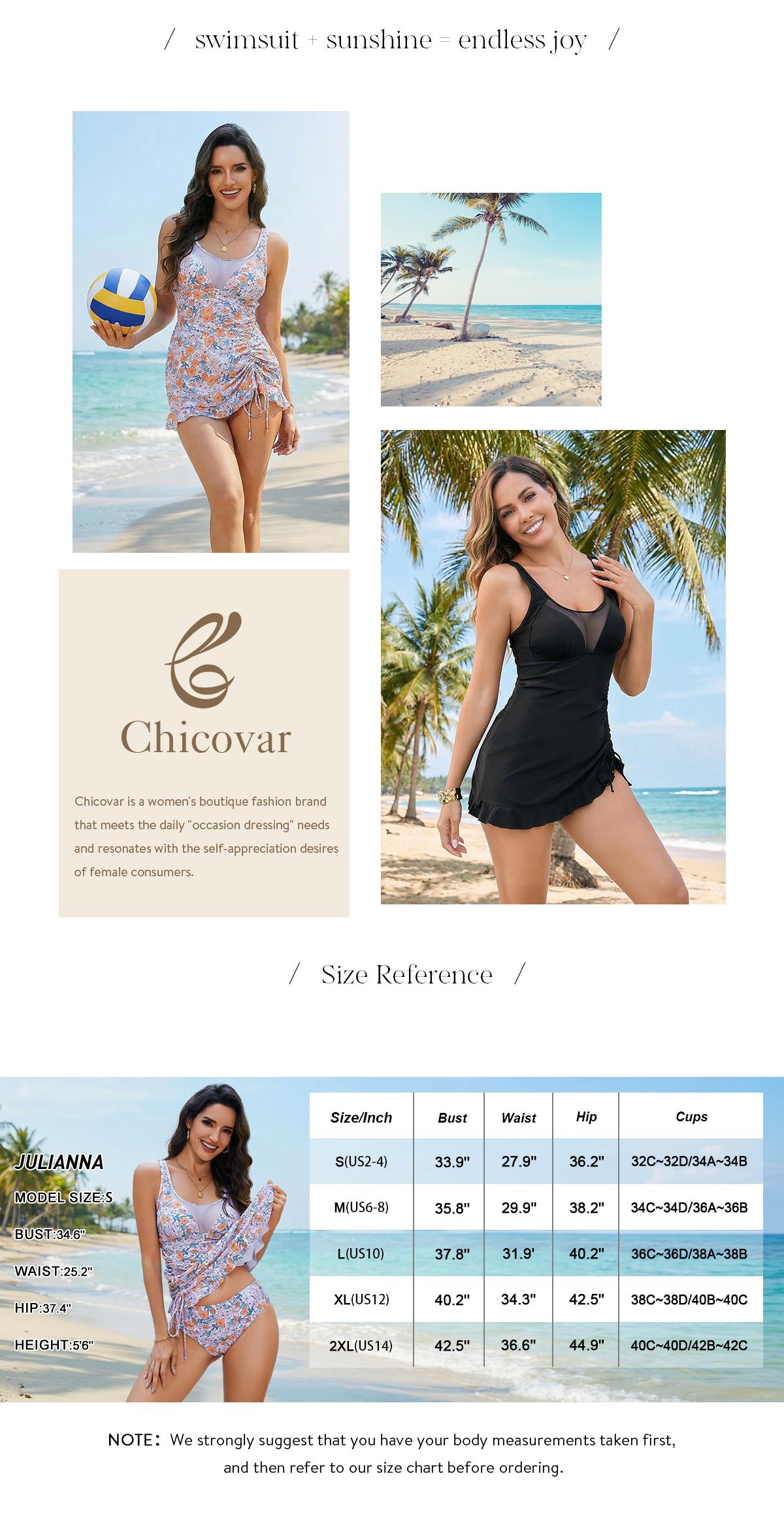 Chicovar Boutiques Women's 2 Piece Swimsuits, Floral & Plain Options, Tummy Control Mesh Neck Swim Dress with Drawstring, High Waisted Bikini Bottoms, Perfect for Beach, Pool & Vacation