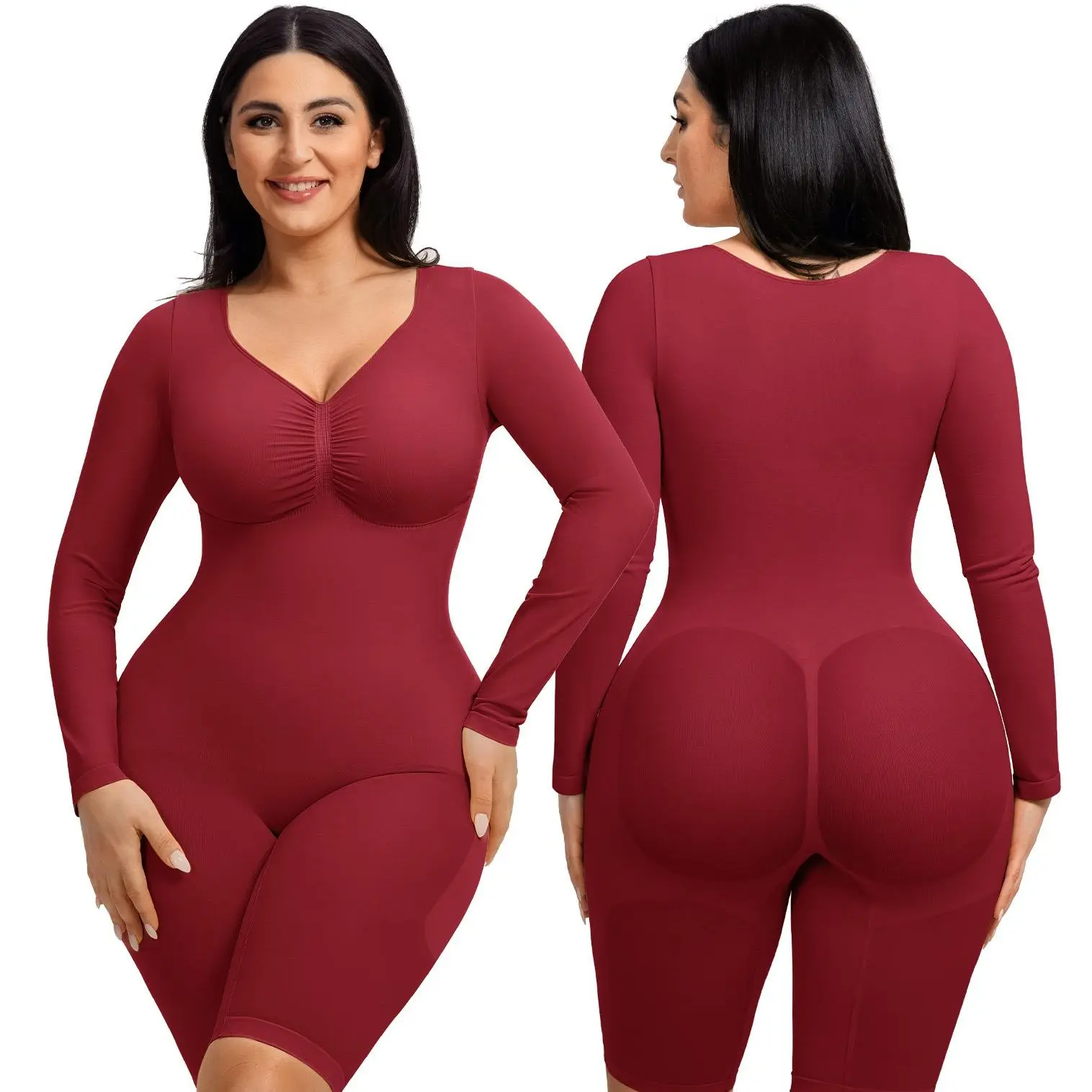 FeelinGirl Women's Long Sleeve Tummy Control Bodysuit V Neck Basic Stretchy Slim Fit Body Suits Going Out Tops