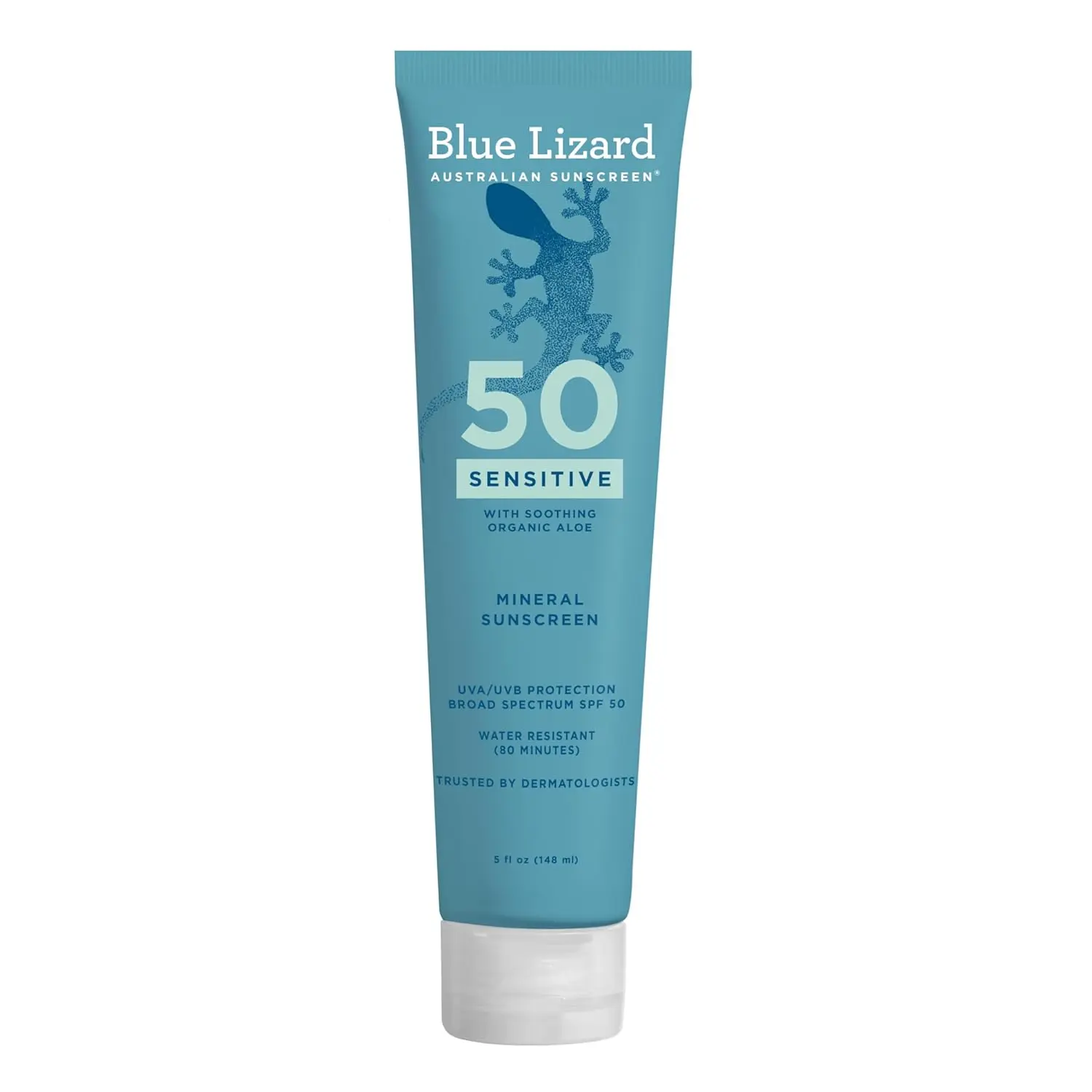 Blue Lizard Sensitive Hydrating Organic Mineral Body Sunscreen Lotion - SPF 50 Broad Spectrum UV Protection, Water-Resistant, Fragrance-Free, Dye-Free, Hypoallergenic, Vegan, 5 fl oz, Adult Sensitive Skin Body Care