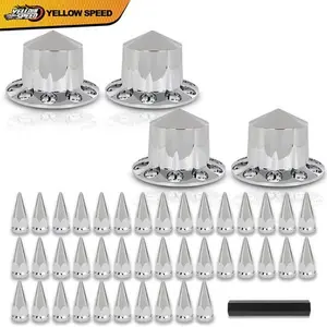 Semi Truck Hub Cover Wheel Set Fit Rear 33mm Nut Covers W/Spiked Removable Caps Tire